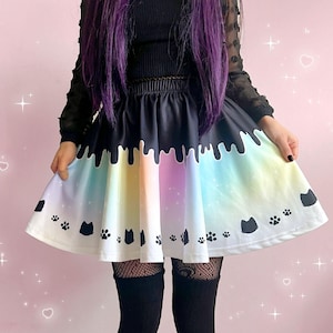 Rainbow Pastel Goth Cat Skirt, Black Kitty Drippy Yami Kawaii Skirt, Cute Harajuku Decora Kei Skater Skirt, Colorful Japanese Streetwear Her