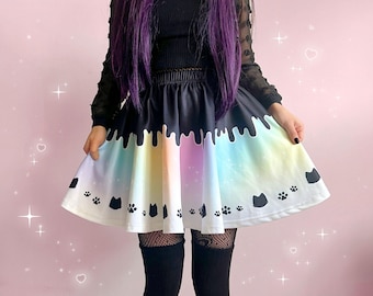 Rainbow Pastel Goth Cat Skirt, Black Kitty Drippy Yami Kawaii Skirt, Cute Harajuku Decora Kei Skater Skirt, Colorful Japanese Streetwear Her