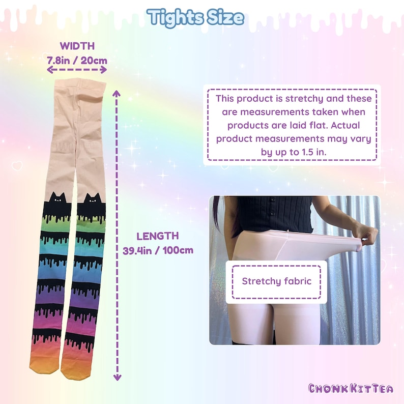 May include: Light-colored tights featuring a black cat graphic at the top and a rainbow-colored drip pattern extending to the toes. The image includes a size chart with a width of 7.8 inches and a length of 39.4 inches, noting that measurements are taken when laid flat and may vary by up to 1.5 inches.