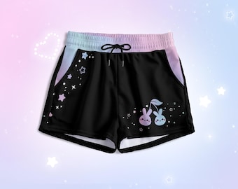 Cherry Bunny Pastel Goth Shorts with Pockets Harajuku Aesthetic Kawaii Shorts Starry Celestial Creepy Cute Yami Kawaii Rabbit Lover Shorties