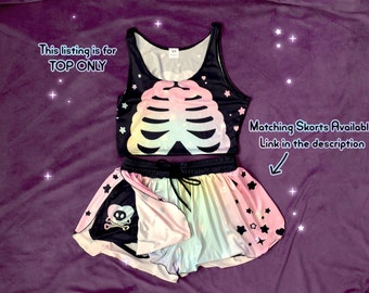 Pastel Goth Rib Cage Crop Top Yami Kawaii Skull Lightweight Stretchy Cropped Tank Creepy Cute Grunge Top Sport / Casual Alt Aesthetic Style