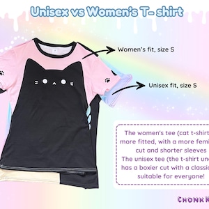 May include: A black and pink cat-themed t-shirt, size S, with the text "Unisex vs Women's T-shirt". The women's fit is more fitted with shorter sleeves, while the unisex tee has a boxier cut. The shirt features a cat face design.