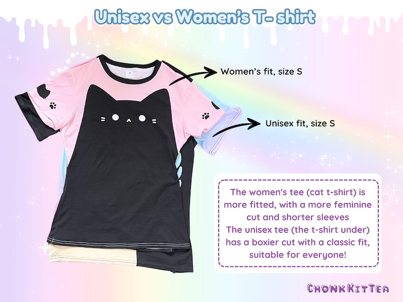 May include: A black and pink cat-themed t-shirt, size S, with the text "Unisex vs Women's T-shirt". The women's fit is more fitted with shorter sleeves, while the unisex tee has a boxier cut. The shirt features a cat face design.