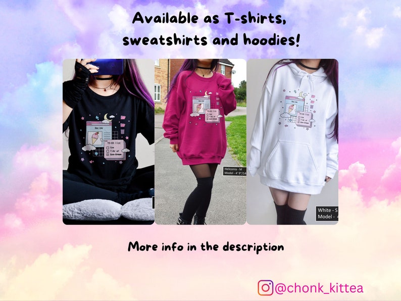May include: Three different styles of clothing featuring a graphic design of a computer screen with a pink ice cream cone and the text "To-Do List" and "Take a break". The clothing options are a black t-shirt, a pink sweatshirt, and a white hoodie.