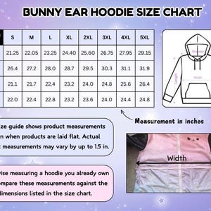 May include: Size chart for a bunny ear hoodie with measurements in inches for width, length, shoulder, and sleeve. The chart shows sizes from S to 5XL.