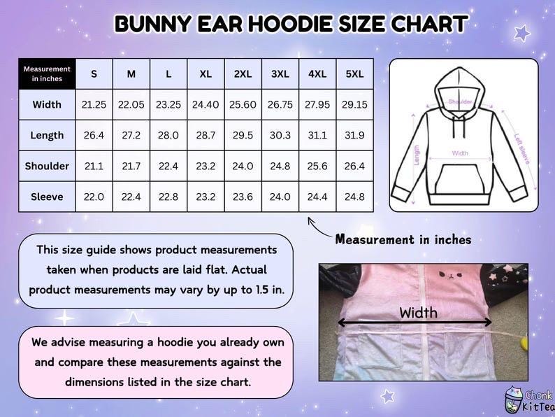 May include: Size chart for a bunny ear hoodie with measurements in inches for width, length, shoulder, and sleeve. The chart shows sizes from S to 5XL.