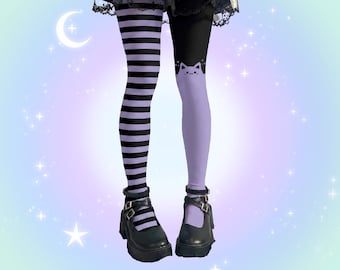 Striped Purple Cat Scene Tights, Yami Kawaii Pastel Goth Kitty Tights, Cute Scenecore Japanese Streetwear, Harajuku Yamikawaii Emo Tights