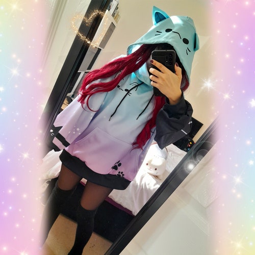 Yami Kawaii Cat Ear Hoodie Kitty Pastel Goth Lightweight Hoody