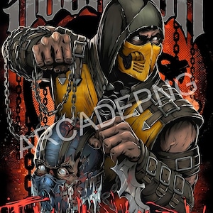Puede incluir: Una ilustración digital del personaje de videojuego Scorpion, de la serie Mortal Kombat. Lleva un traje amarillo y negro y sostiene una cadena con una calavera en el extremo. El texto "Flawless Victory" está escrito en rojo en la parte inferior de la imagen.
