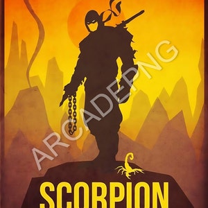 May include: A silhouette of a ninja warrior with a chain and a scorpion in front of a sunset background. The text "SCORPION" is written in yellow at the bottom of the image.