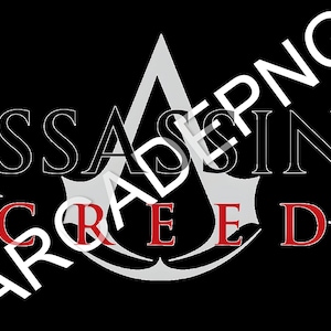 Peut inclure: Un logo noir et blanc pour Assassin's Creed, une franchise de jeux vidéo populaire. Le logo présente une image stylisée d'une lame cachée, symbole de la Confrérie des Assassins, avec les mots "Assassin's Creed" dans une police de caractères serif.