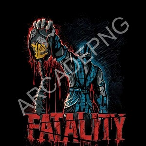 May include: A blue and black ninja character holding a bloody head with a yellow mask. The background is black with red and blue splatters. The text "FATALITY" is written in red with a bloody effect.