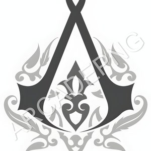 Peut inclure: Une illustration stylisée en noir et gris du logo d'Assassin's Creed avec des détails floraux complexes.