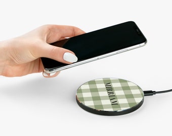 Personalized Green Aesthetic Wireless Phone Charger, Qi Wireless Charger, Green Gift Ideas, Green Aesthetic Gift Ideas, Green Checkered Gift