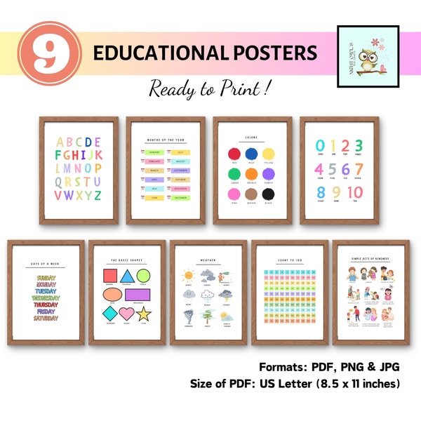 Educational Posters Bundle of 9, Alphabet Poster, Classroom Posters, Montessori Classroom Decoration, Homeschooling, Montessori Printable