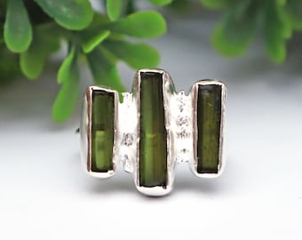 Green Tourmaline Stick Ring, Tourmaline Raw Ring, Three Stone Ring, 925 Silver, Rough Tourmaline Pencil Ring, October Birthstone Women Ring