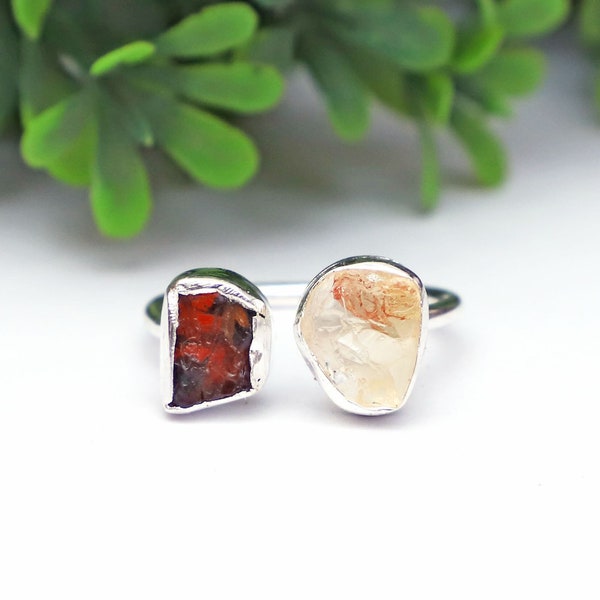 Raw Citrine Ring with Raw Garnet Ring, 925 Silver, Rough Garnet Citrine Ring, Bi-Stone Ring, Handmade Jewelry, Two Stone Ring, Women Ring