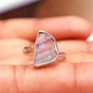 Fluorite Raw Ring, Rough Fluorite Ring, 925 Solid Silver, Crystal Handmade Fluorite Jewelry, Multi Color Ring, Dainty Ring, Women Ring Gift