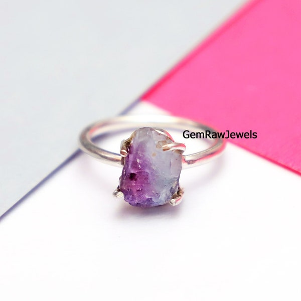 Fluorite Rough Ring, Raw Fluorite Ring, 925 Solid Silver, Crystal Handmade Fluorite Jewelry, Multi Color Ring, Minimalist Dainty Ring Gift