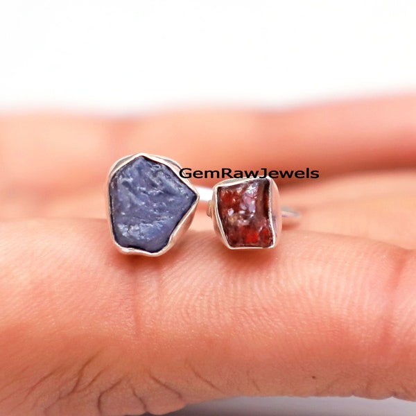 Raw Blue Sapphire Ring with Raw Garnet Ring, Solid 925 Silver, Rough Garnet Sapphire Ring, Bi-Stone Ring, Handmade Jewelry, Two Stone Ring