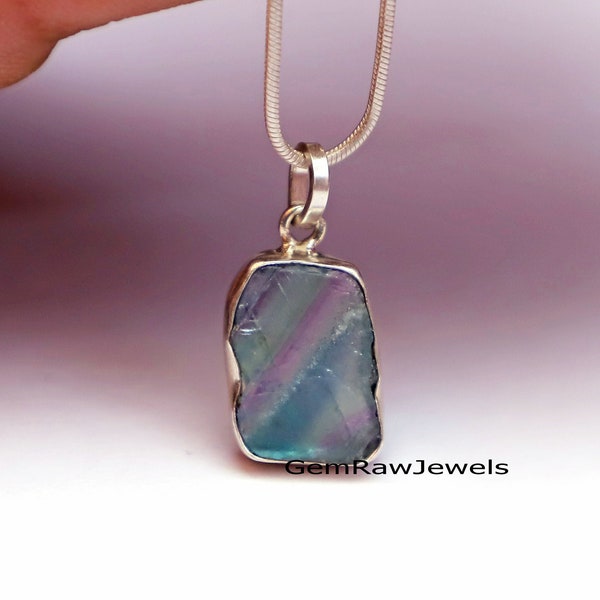 Raw Fluorite Pendant, Solid 925 Silver, Rough Fluorite Crystal Necklace, Multi Color Handmade Pendant, Fluorite Jewelry, Anniversary Gift