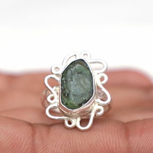 Raw Emerald Ring, Sterling Silver Designer Ring, Uncut Emerald Jewelry, May Birthstone, Handmade Boho Gemstone Jewelry, Unique Gift for Her