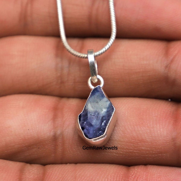 Natural Blue Sapphire Raw Pendant, Blue Sapphire Rough Pendant, 925Silver, September Birthstone Pendant Jewelry, Blue Sapphire Necklace Gift