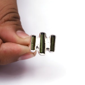Raw Tourmaline Ring, Green Tourmaline Crystal Ring, Baguette Tourmaline Ring, Raw Stone Ring, Raw Tourmaline Jewelry, Three Stone Ring