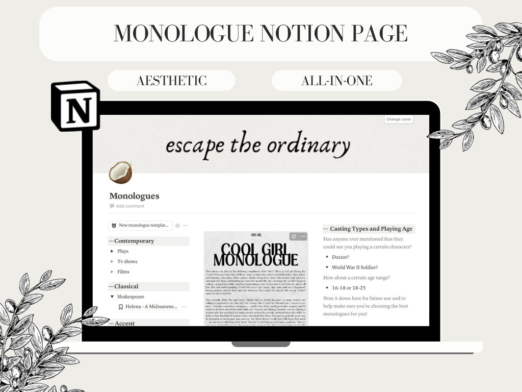 monologues-notion-page-notion-template-for-actors-and-performers-comprehensive-database-integrated-monologue-templates-etsy