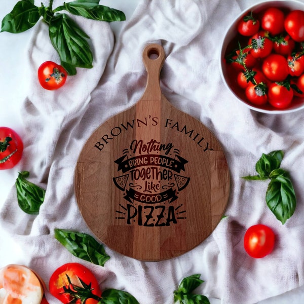 Personalised Pizza Board, Laser Engraved Wooden Custom Name Pizza Paddle Peel, Pizza Chopping Cutting Serving Tray Platter,Housewarming Gift