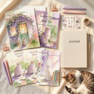 K&ouml;nnte beinhalten: Eine Sammlung von Schreibwaren mit Katzenmotiven, darunter Notizb&uuml;cher, Karten, Aufkleber, Stifte und ein Notizbuch. Die Karten zeigen Aquarellillustrationen von Katzen und floralen Elementen. Das Notizbuch ist cremefarben mit dem Wort "Journal" aufgedruckt. Eine schlafende Katze ist ebenfalls im Bild.