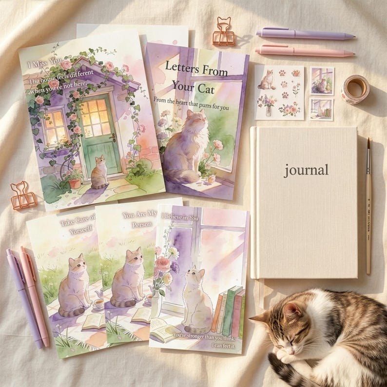 K&ouml;nnte beinhalten: Eine Sammlung von Schreibwaren mit Katzenmotiven, darunter Notizb&uuml;cher, Karten, Aufkleber, Stifte und ein Notizbuch. Die Karten zeigen Aquarellillustrationen von Katzen und floralen Elementen. Das Notizbuch ist cremefarben mit dem Wort "Journal" aufgedruckt. Eine schlafende Katze ist ebenfalls im Bild.