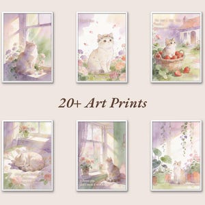K&ouml;nnte beinhalten: Sechs gerahmte Kunstdrucke mit Aquarellillustrationen von Katzen. Die Drucke zeigen Katzen in verschiedenen Umgebungen, darunter in der N&auml;he von Fenstern und in G&auml;rten, mit sanften Pastellfarben und floralen Akzenten. Der Text enth&auml;lt S&auml;tze wie "Danke" und "Ich w&auml;hle dich."
