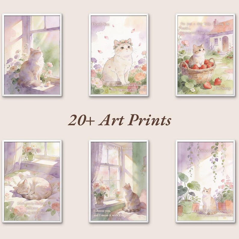 K&ouml;nnte beinhalten: Sechs gerahmte Kunstdrucke mit Aquarellillustrationen von Katzen. Die Drucke zeigen Katzen in verschiedenen Umgebungen, darunter in der N&auml;he von Fenstern und in G&auml;rten, mit sanften Pastellfarben und floralen Akzenten. Der Text enth&auml;lt S&auml;tze wie "Danke" und "Ich w&auml;hle dich."