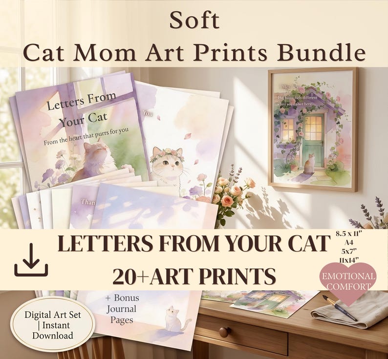 K&ouml;nnte beinhalten: Ein Bundle mit weichen Kunstdrucken f&uuml;r Katzenmamas. Die Drucke zeigen Aquarellillustrationen von Katzen, Blumen und einem Haus. Der Text auf den Drucken lautet "Letters From Your Cat" und "20+ Art Prints". Enth&auml;lt Bonus-Journalseiten.