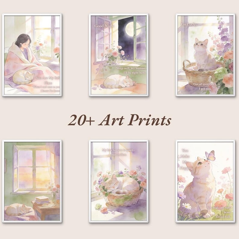K&ouml;nnte beinhalten: Eine Sammlung gerahmter Kunstdrucke mit Aquarellillustrationen. Die Drucke zeigen Katzen, Blumen und Fensterszenen in sanften Pastellfarben. Der Text enth&auml;lt S&auml;tze wie "Good Night" und "Out of everything I got you."