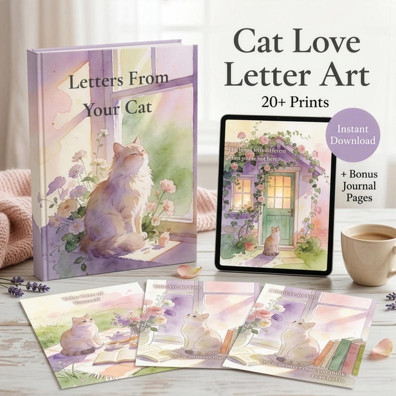K&ouml;nnte beinhalten: Ein Bild mit Kunstdrucken zum Thema Katze und einem Buch mit dem Titel "Letters From Your Cat". Das Buch und die Drucke zeigen Aquarellillustrationen von Katzen, Blumen und Text. Ein Tablet zeigt eine Katzenillustration und den Text "Instant Download."