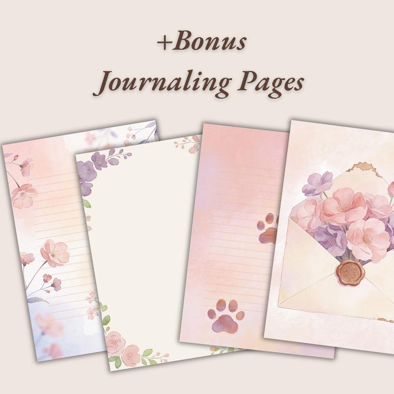 K&ouml;nnte beinhalten: Vier Bl&auml;tter Journaling-Papier mit floralen und Pfotenabdruck-Designs. Die Bl&auml;tter weisen weiche Pastellfarben auf, darunter Rosa, Lila und Creme. Ein Blatt hat ein Umschlagdesign mit Blumen, und der Text "+Bonus Journaling Pages" steht oben.