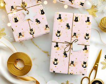 Black Cats Christmas Wrapping Paper | Pink Gold Luxury Wrapping Paper, Birthday, Baby Shower gift package, Kids Gift wrap, Cat mom Gifting