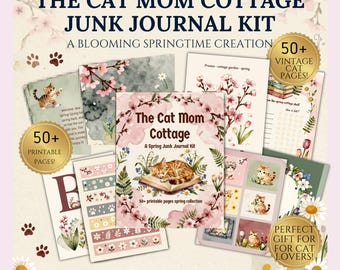 Printable Cottagecore Cat Mom Junk Journal Kit, Frühling Blumen Ephemera, Geschenk für Katzenliebhaber