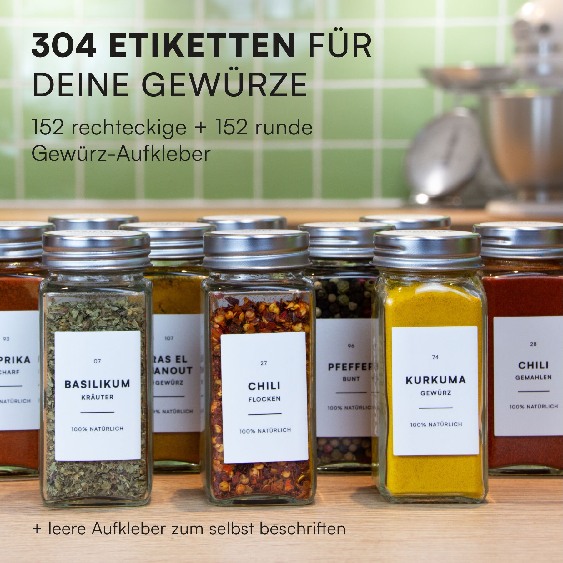 304 Gewürzetiketten Weiß - Etiketten-set Für Gewürze Und Gewürzmischungen (152 Runde & 152 Eckige Aufkleber)- Minimalistisch Und Wasserfest
