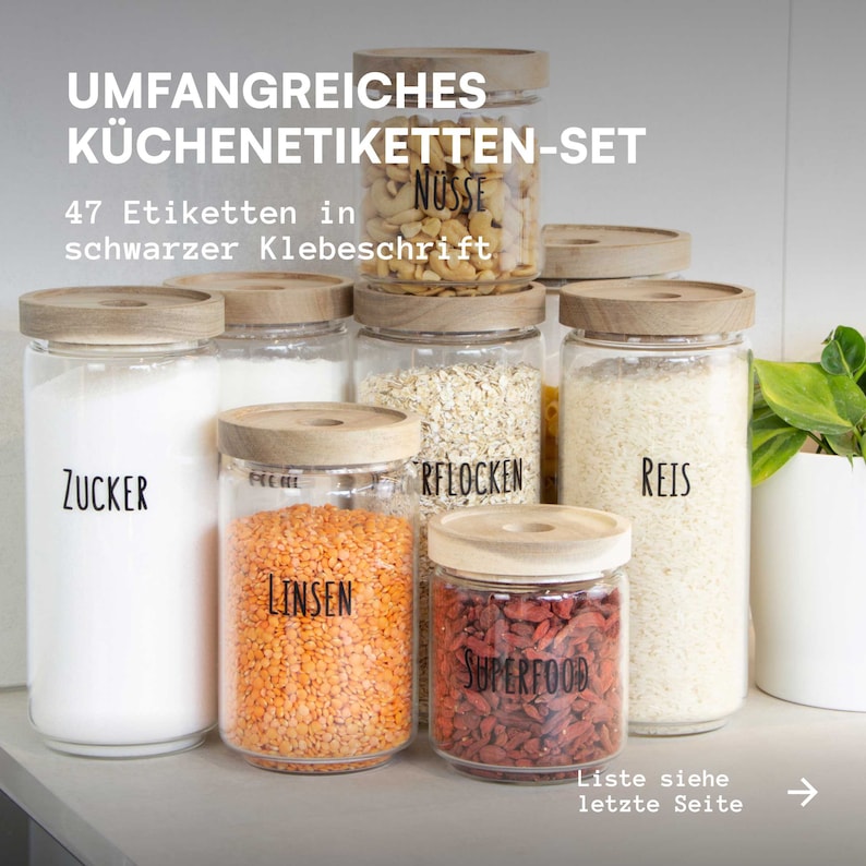 47 Küchenetiketten als Klebeschrift in Schwarz Etiketten-Set für Küchenvorräte und Speisekammer minimalistisch und wasserfest image 2