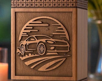 Urna funeraria artesanal de palisandro: diseño de coche grabado, recuerdo conmemorativo.