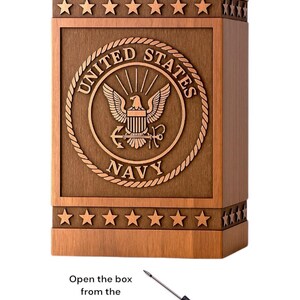 Wooden memorial urn box with US Navy logo silhouette engraving for ashes.

Handcrafted urn box with custom US Navy logo engraving, perfect for veteran memorial.

Rosewood urn box with US Navy logo silhouette engraving, available in multiple sizes.

Custom Navy memorial urn, engraved with US Navy logo silhouette for ashes.

US Navy logo urn box, handcrafted from rosewood and engraved with a personalized military tribute.