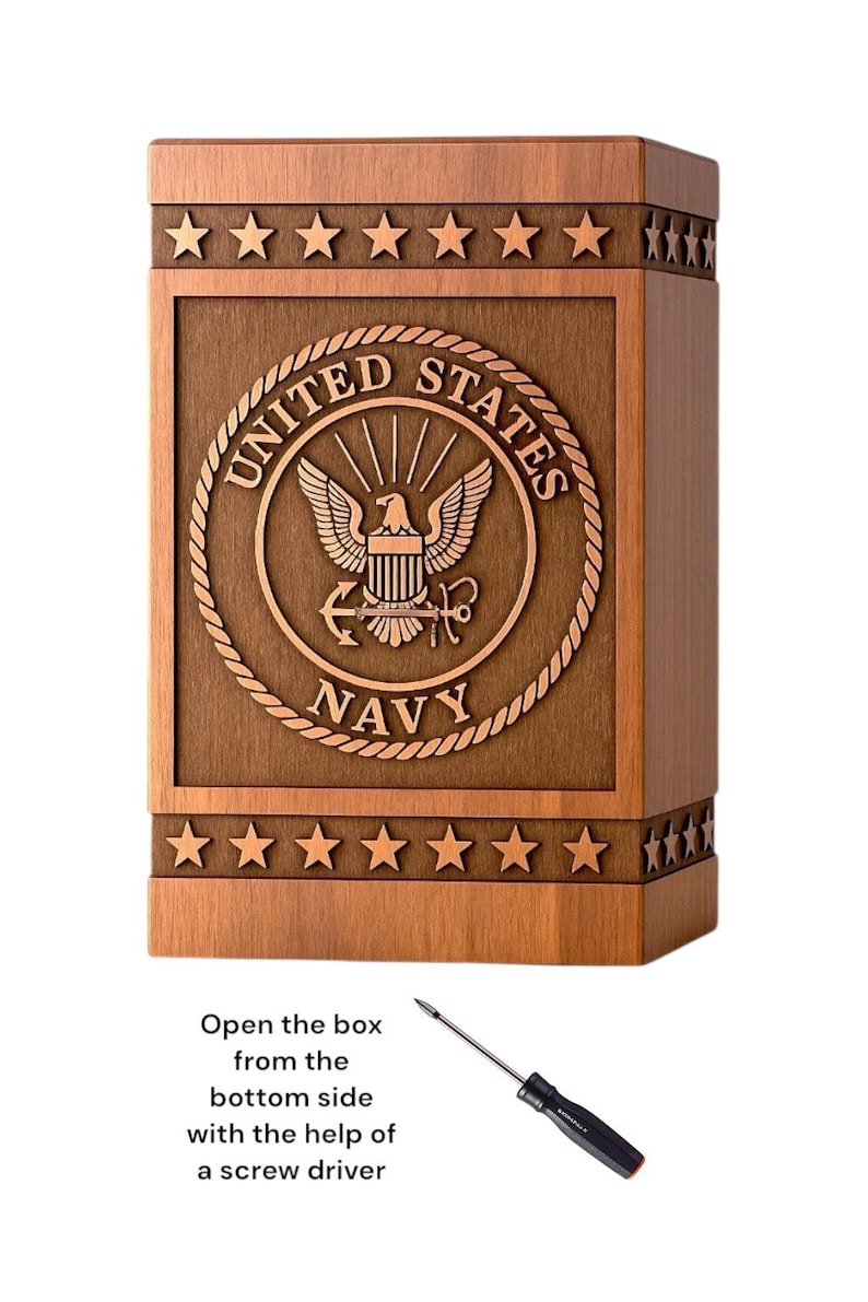 Wooden memorial urn box with US Navy logo silhouette engraving for ashes.

Handcrafted urn box with custom US Navy logo engraving, perfect for veteran memorial.

Rosewood urn box with US Navy logo silhouette engraving, available in multiple sizes.

Custom Navy memorial urn, engraved with US Navy logo silhouette for ashes.

US Navy logo urn box, handcrafted from rosewood and engraved with a personalized military tribute.