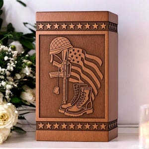 Handcrafted Rosewood Military Cremation Urn: Soldier, Boots, Flag - Personalized Memorial