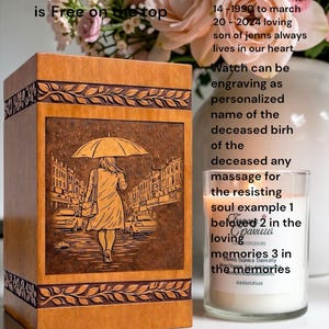 Unique engraved wooden cremation urn box with umbrella rain memorial artwork symbolizing remembrance and reflection. Crafted with precision from natural wood, this funeral urn features decorative carved borders and a rich finish. Designed as a memorial keepsake box to respectfully store ashes and honor the memory of someone special.