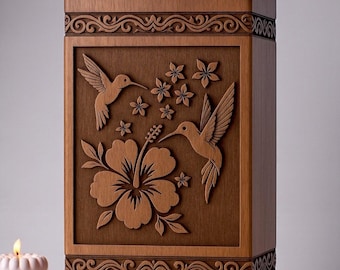 Engraved Hummingbird Wooden Cremation Urn: Personalized Memorial Keepsake