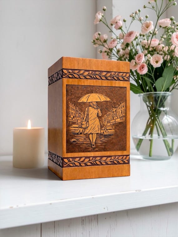 Handcrafted Wooden Urn Box | Rainy Walk Memorial Engraved Ashes Container