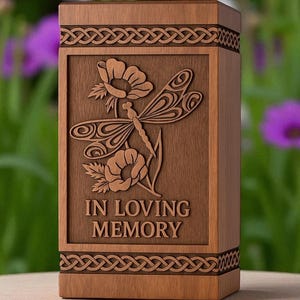 Personalized Rosewood Cremation Urn: Dragonfly & Poppy Engraving, Custom Memorial Box (35 cubic/in SK Size)